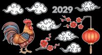 Rooster with decorative clouds, plum blossoms, and red lantern isolated on transparent background. Ready for t-shirt design, clipart, stickers, sublimation, and print-on-demand projects.