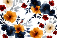 Watercolor floral pattern with navy blue, orange and red flowers on white background, delicate gray leaves create elegant botanical composition. Seamless repeat.