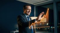 Confident businessman presenting growth chart with upward arrow in modern office environment for corporate success presentations.