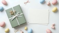 Easter greeting card mockup with pastel eggs and gift box on white background for spring holiday design and seasonal marketing campaigns.