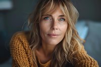 Confident middle-aged Caucasian woman with blonde wavy hair and blue eyes wearing mustard knit sweater smiles gently at camera in atmospheric natural lighting.