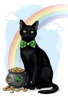Black cat wearing green shamrock bow tie sitting beside pot of gold with rainbow and clouds on light blue background, isolated on white for St. Patrick's Day designs, greeting cards, and festive merchandise.