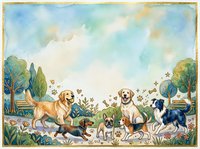 Watercolor dogs sitting in garden with flowers and trees, pastel colors frame border for pet greeting cards and invitations.