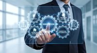 Professional businessman touching digital innovation interface with interconnected gears and technology icons in modern office environment.