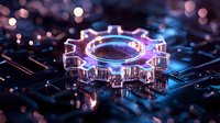 Glowing neon gear shape on circuit board with purple and blue lighting effects creates futuristic technological atmosphere against dark background with bokeh lights.