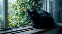 Black cat sitting on wooden windowsill with green ivy plants in background, natural lighting creates cozy indoor atmosphere for pet and home decor themes.