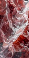 Swirling white smoke creates ethereal patterns against deep red background, forming abstract fluid art composition with dramatic contrast and flowing movement.