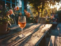 Rose wine glass on rustic wooden table at sunset terrace with flowers and warm bokeh lights creating romantic outdoor dining atmosphere.