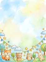 Watercolor nursery border with cute animals, clouds, stars, and bunting flags on white background. Isolated design element suitable for baby shower invitations, children's room decor, greeting cards, and fabric printing projects.