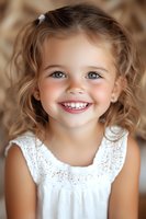 Young girl with bright blue eyes and genuine smile wearing white lace dress, natural light portrait with soft bokeh background. For family, childhood themes.