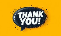 Black speech bubble with white thank you text on vibrant yellow background with grunge texture and splatter effect. Modern typography design for social media and greeting cards.