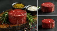 Raw beef tenderloin steak on wooden board with rosemary, spices, and seasoning bowls, ready for gourmet cooking preparation.