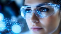 Young female scientist wearing protective eyewear examining holographic molecular structure data in modern laboratory with blue technological glow and digital elements.