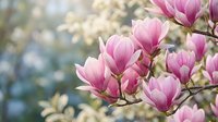 Pink magnolia blossoms in full bloom on branches with soft blurred garden background, spring flowering tree for nature and botanical designs.