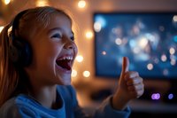 Excited young girl wearing headphones shows thumbs up while watching entertainment at home, illuminated by warm bokeh lights in cozy evening atmosphere.