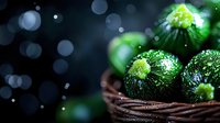 Fresh ripe green kiwi fruits with water drops in rustic woven basket on dark background with bokeh lights creating magical atmosphere.