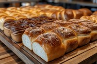 Fresh baked bread loaves with golden brown crust arranged on wooden board, showing variety of artisanal breads including braided and plain styles, dusted with flour.