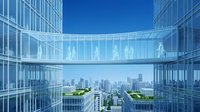 Modern glass office buildings connected by curved sky bridge with city skyline view. Contemporary corporate architecture for business presentations and urban development.