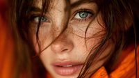 Young woman with striking green eyes and freckled skin, tousled brown hair catching warm golden light for beauty and fashion concepts.