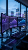 Modern trading workstation with multiple monitors displaying financial charts and data analytics in contemporary office with city skyline view at dusk.