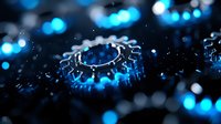 Glowing blue mechanical gears with dark metallic texture and bokeh light effects create futuristic industrial background for technology concepts.