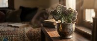 Potted succulent plant in metallic gold pot on wooden table with warm sunlight streaming through window, home decor and interior design element.
