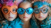 Three young girls wearing colorful glitter sunglasses and feather accessories pose together in vibrant blue and pink tones, creating whimsical fashion portrait.