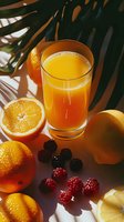 Fresh orange juice in glass with whole and cut oranges, scattered raspberries and palm leaves shadow creating tropical summer mood. Great for beverage marketing.