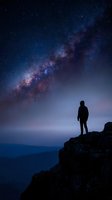 Silhouette of person standing on rocky cliff under spectacular Milky Way galaxy with colorful nebula and countless stars in deep blue night sky.