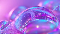 Vibrant macro water drop with pink and blue neon reflections creating abstract patterns and bokeh effects, showing surface tension and light refraction in nature.