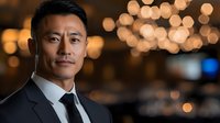 Professional Asian businessman in elegant suit with confident expression against warm bokeh lights background for corporate and business presentations.