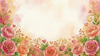 Watercolor floral frame with pink and coral roses, ornamental gold swirls, and scattered hearts on cream background. Perfect for wedding invitations, greeting cards, and romantic design projects.