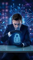 Businessman protecting digital security lock with hands against futuristic circuit board background for cybersecurity and data protection concepts.