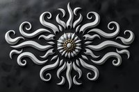 Decorative silver metallic sun ornament with swirling rays and central floral motif on dark background. Elegant baroque style element for luxury design projects.