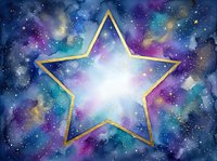 Golden star frame glowing against cosmic nebula background with purple blue galaxy colors and sparkling stars for celestial designs and space themes.