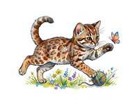 Playful Bengal kitten with spotted coat reaching toward butterfly, surrounded by wildflowers and snail on white background, isolated for design use.