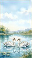 Pair of swans swimming together on calm lake with water lilies, surrounded by lush green trees and distant mountains under cloudy sky, watercolor style illustration for nature and wildlife designs.