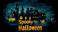 Dark haunted mansion with glowing windows against turquoise night sky, flying bats and bare trees create eerie Halloween atmosphere with orange text overlay.