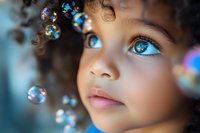 Close up portrait of young African American girl with curly hair looking up dreamily at soap bubbles floating around her, blue reflections in her eyes creating magical atmosphere.