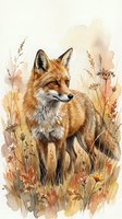Red fox standing in autumn meadow with wildflowers and dried grasses, watercolor wildlife illustration for nature and animal themed designs.