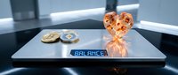 Heart-shaped amber gemstone with coins on digital scale displaying balance, symbolizing emotional and financial equilibrium in modern setting.