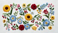 Colorful embroidered floral pattern with sunflowers, roses and wildflowers on white fabric background for textile design and craft projects.