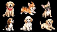Cute puppy clipart set with six breeds isolated on transparent background, ready for stickers, t-shirt design, print on demand, and sublimation projects.
