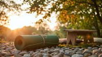 Yoga mat and wooden meditation stool on pebble beach at golden hour sunset creating peaceful outdoor wellness retreat atmosphere for mindfulness practice.