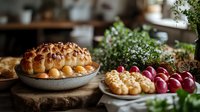 Fresh baked pastries and red plums arranged on rustic wooden surface with herbs and greenery, moody natural lighting creates cozy home bakery atmosphere.