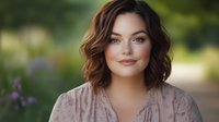 Young plus size woman with wavy brown hair and natural makeup smiling confidently outdoors in soft evening light, wearing beige blouse against blurred garden background.