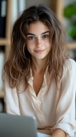 Young woman with long wavy brown hair and blue eyes wearing cream blouse, working on laptop in modern office environment. Professional portrait for business and corporate use.