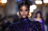 Young African American woman wearing purple sequin evening gown and gold statement earrings against blurred bokeh background at fashion event. Glamorous makeup highlights striking features.