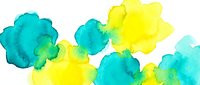 Abstract watercolor paint splashes in vibrant turquoise and yellow hues on white background, perfect for creative design projects and artistic compositions.