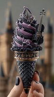 Gothic ice cream cone with violin and spider web decorations held by hand with black manicured nails against blurred urban background for Halloween dessert concepts.